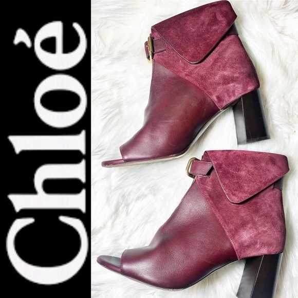 CHLOÉ Burgundy Red Suede Foldover Chunky Heel Booties, Size 38 - Picture 14 of 14